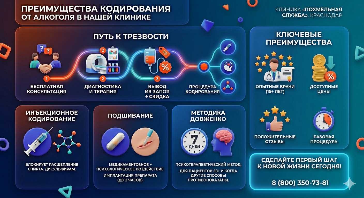 Инфографика о методах кодирования от алкоголя в Орле: инъекции, подшивание, метод Довженко. Преимущества клиники и этапы лечения.